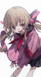  1girl armband black_sailor_collar black_skirt blush brown_hair commentary fang hair_ornament hashtag-only_commentary highres looking_at_viewer natori_sana natori_sana_(school_uniform) neckerchief open_mouth pink_shirt rabbit_hair_ornament red_armband red_eyes red_neckerchief sailor_collar sana_channel school_uniform serafuku shirt simple_background skirt socks solo sowichi stuffed_animal stuffed_rabbit stuffed_toy teeth virtual_youtuber white_background white_socks 