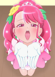 asymmetrical_bangs asymmetrical_hair blurry blurry_background cupping_hands cure_grace dress earrings eyelashes flower from_above gloves hair_flower hair_ornament half-closed_eyes hanadera_nodoka healin&#039;_good_precure heart heart_hair_ornament highres jewelry kneeling long_hair looking_at_viewer open_mouth own_hands_together pink_eyes pink_hair purple_eyes sidelocks swept_bangs tiler_(tiler00) tongue tongue_out white_gloves wooden_floor rating:Sensitive score:68 user:Sir_Cumalot