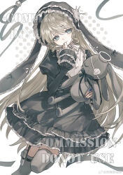  1girl absurdres animal_ears black_dress blue_eyes dress frills gothic_lolita halo highres holding holding_stuffed_toy lolita_fashion long_hair long_sleeves looking_at_viewer original rabbit_ears solo stuffed_animal stuffed_rabbit stuffed_toy tacfigure thighhighs very_long_hair 