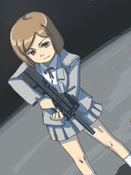  1girl bob_cut brown_eyes brown_hair bullpup gun gunslinger_girl henrietta_(gunslinger_girl) highres kageng p90 short_hair skirt solo submachine_gun weapon  rating:Sensitive score:3 user:danbooru