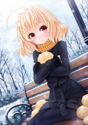  1girl akuma_no_riddle bench blonde_hair bread building bush coat dutch_angle female_focus food hashiri_nio highres melon_bread outdoors pantyhose red_eyes scarf skyscraper smile snow solo sunimu tree 