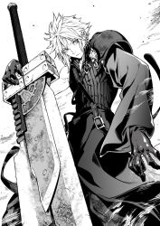  1boy arm_up armor belt belt_buckle buckle buster_sword chest_belt closed_mouth cloud_strife collared_shirt commentary_request earrings final_fantasy final_fantasy_vii final_fantasy_vii_advent_children gloves greyscale huge_weapon jewelry long_sleeves looking_to_the_side male_focus monochrome multiple_earrings open_collar pauldrons saeki_shun shirt short_hair shoulder_armor sideways_glance single_pauldron solo sword weapon 