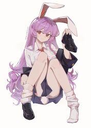  1girl absurdres animal_ears bilibili_username black_jacket black_shoes black_skirt chinese_commentary closed_mouth collared_shirt full_body highres holding holding_shoes holding_unworn_clothes huangyou jacket loafers long_hair long_sleeves looking_at_viewer necktie pleated_skirt purple_hair rabbit_ears rabbit_girl rabbit_tail red_eyes red_necktie reisen_udongein_inaba shirt shoes single_shoe skirt socks solo tail thighs touhou unworn_shoes upskirt very_long_hair white_background white_shirt white_socks 