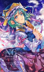  1girl ayatsuki_sugure blue_eyes blue_hat blue_vest commentary cowboy_shot frilled_hat frilled_skirt frills green_hair hat highres holding juliet_sleeves long_sleeves looking_at_viewer parted_lips pink_ribbon puffy_sleeves purple_skirt ribbon rod_of_remorse shiki_eiki shirt short_hair skirt sleeve_ribbon solo touhou twitter_username vest watermark white_shirt 