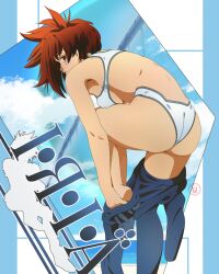 1girl absurdres artist_name ass bare_arms bare_shoulders bikini breasts brown_eyes brown_hair character_name commentary fritz_willie highleg highleg_bikini highres iria_(zeiram) iria_zeiram_the_animation leg_up logo looking_at_viewer looking_back medium_breasts medium_hair mole mole_under_eye parted_lips signature simple_background swimsuit thighs undressing zeiram_(series) 