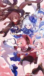  3girls absurdres antlers aqua_eyes asymmetrical_gloves black_gloves blue_eyes blue_hair blue_hat blue_shoes boots brown_hair brown_hat brown_shoes deer_antlers detached_sleeves drop-shaped_pupils fang floating_hair flower-shaped_pupils furina_(genshin_impact) genshin_impact gloves hair_between_eyes hat heterochromia high_heels highres holding_hands horns hu_tao_(genshin_impact) imasaki_kei knee_boots long_hair long_sleeves looking_at_viewer mismatched_gloves mismatched_pupils multiple_girls open_mouth parted_lips pink_hair red_eyes shoes smile socks symbol-shaped_pupils thigh_strap twitter_username very_long_hair white_gloves white_socks yanfei_(genshin_impact) 