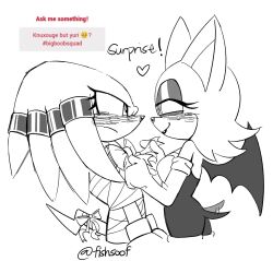  2girls animal_nose bat_girl bat_wings blush bow commentary english_commentary english_text fishsoof gloves highres knuckles_the_echidna lineart multiple_girls request_inset rouge_the_bat sonic_(series) strawpage tail tail_bow tail_ornament tail_wagging tying wings yuri 
