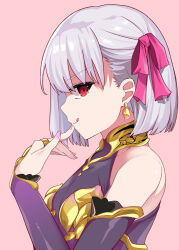  1girl :q absurdres armor bare_shoulders bikini_armor commentary_request detached_sleeves earrings fate/grand_order fate_(series) finger_to_mouth from_side grey_hair hair_ribbon highres jewelry kama_(fate) kama_(first_ascension)_(fate) looking_at_viewer looking_to_the_side pink_background pink_nails pink_ribbon purple_sleeves red_eyes ribbon short_hair simple_background smile solo tanuki_(siutkm0228) tongue tongue_out upper_body 