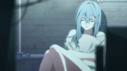  1girl 23i2ko against_wall blue_hair blue_theme blurry blurry_foreground brick_wall closed_eyes facing_viewer feet_out_of_frame hair_between_eyes hair_over_shoulder highres hugging_object knees_together_feet_apart light_frown long_hair nightgown original pillow pointy_ears sitting solo 