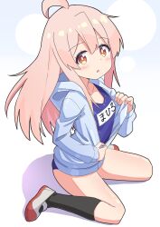  1girl ahoge black_socks blue_jacket blue_one-piece_swimsuit blush brown_eyes brown_hair changaa highres jacket kneehighs long_hair name_tag old_school_swimsuit one-piece_swimsuit onii-chan_wa_oshimai! open_clothes open_jacket open_mouth oyama_mahiro school_swimsuit shoes sitting socks solo swimsuit swimsuit_under_clothes thighs unzipping white_shoes 