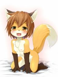  1girl animal_ears animal_hands barefoot blush breasts brown_hair fang feet female_focus fox fox_ears fox_tail furry furry_female kagerofu loli looking_at_viewer nipples nude open_mouth pawpads small_breasts smile soles solo tail toes yellow_eyes  rating:Questionable score:183 user:Mast3r_Ch33f