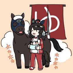  1girl ahoge animal_ears closed_eyes creature_and_personification daring_tact_(racehorse) daring_tact_(umamusume) gym_shirt hair_ornament highres holding hood horse horse_ears horse_girl horse_tail jacket medium_hair onsen_symbol open_clothes open_jacket pants personification real_life red_jacket red_pants red_shoes shampoo shampoo_bottle shirt shoes steam tail takadano_paka towel towel_on_head track_jacket track_pants umamusume white_shirt 