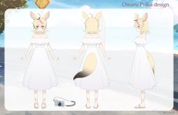 1girl absurdres ahoge animal_ear_fluff animal_ears bare_shoulders black_hair blonde_hair camera clothing_cutout collarbone commentary_request copyright_notice double-parted_bangs dress english_text facial_mark feet fox_ears fox_girl fox_tail frilled_dress frills hair_between_eyes heart heart-shaped_pupils highres hololive holonatsu_paradise kanda_done long_dress long_hair mark_under_eye multicolored_hair multiple_views off-shoulder_dress off_shoulder official_alternate_costume official_alternate_hair_length official_alternate_hairstyle official_art omaru_polka omaru_polka_(holonatsu_paradise) pink_hair purple_eyes sandals second-party_source short_hair strapless strapless_dress streaked_hair sundress symbol-shaped_pupils tail tail_through_clothes toes turnaround virtual_youtuber white_dress