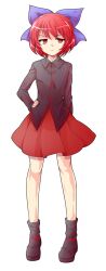  1girl alphes_(style) black_shirt black_shoes blue_ribbon bow closed_mouth collared_shirt commentary_request dairi full_body hair_bow hair_ribbon half-closed_eyes hand_on_own_hip highres large_variant_set long_sleeves looking_at_viewer no_cape parody red_eyes red_hair red_skirt ribbon sekibanki shirt shoes short_hair skirt solo style_parody sweatdrop tachi-e touhou transparent_background variant_set 