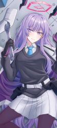  1girl black_gloves black_sweater_vest blue_archive blue_necktie coat collared_shirt floating_headgear gloves hair_over_shoulder halo headgear highres holding holding_wrench long_hair looking_at_viewer lying necktie on_back parted_bangs pink_halo purple_eyes purple_hair qiu_mu shirt sidelocks skirt sleeves_past_wrists solo solo_focus sweater_vest utaha_(blue_archive) v-neck white_coat white_shirt wrench 