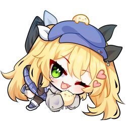  :d absurdres blonde_hair blue_hat blue_shoes blue_skirt chibi commentary dokibird dokibird_(retro_doki) dragoon_(dokibird) english_commentary fangs green_eyes harumiitsu hat heart highres indie_virtual_youtuber long_hair long_sleeves looking_at_viewer one_eye_closed open_mouth shoes simple_background single_leg_pantyhose skirt sleeves_past_fingers sleeves_past_wrists smile solo twintails very_long_hair virtual_youtuber white_background 