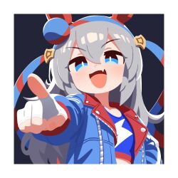  1girl animal_ears blue_eyes blue_hairband blue_jacket blue_shirt cropped_shirt double-parted_bangs ear_covers fang fingerless_gloves gloves grey_hair hair_between_eyes hairband highres horse_ears horse_girl jacket long_hair looking_at_viewer no_lineart open_mouth pointing pointing_at_viewer shirt smile solo tamamo_cross_(umamusume) umamusume v-shaped_eyebrows waonaolmao white_gloves 