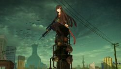 1girl arm_at_side arm_rest black_boots black_hair black_pantyhose black_shirt black_skirt boots building city floating_hair from_side gun hin&#039;yari_(kakukuru) holding holding_gun holding_weapon horn_speaker knees_together_feet_apart lisichka_(sentinel_girls) long_hair long_sleeves looking_at_viewer neckerchief on_top_of_pole orange_eyes outdoors pantyhose power_lines radio_antenna red_neckerchief rifle sentinel_girls shirt simple_bird skirt skirt_set skyscraper smiley_hair_ornament sniper_rifle solo tower utility_pole very_long_hair weapon 