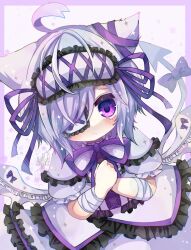  1girl ahoge animal_ears bandages capelet demon_tail dress emil_chronicle_online eyepatch frilled_capelet frilled_dress frilled_hairband frills hairband highres looking_at_viewer own_hands_clasped own_hands_together purple_capelet purple_dress purple_eyes purple_ribbon ribbon satsuki_atan tail white_familiar_alma white_hair white_tail white_wings wing_ornament wings 
