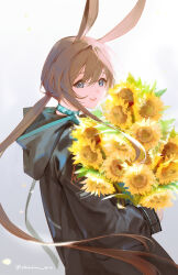  :d absurdres amiya_(arknights) animal_ears aqua_choker arknights black_coat blue_eyes bouquet brown_hair choker coat floating_hair flower from_side gradient_background grey_background hair_between_eyes highres holding holding_bouquet hood hood_down hooded_coat long_hair long_sleeves looking_at_viewer open_mouth smile sunflower tk_(tksnim) twitter_username watermark yellow_flower 