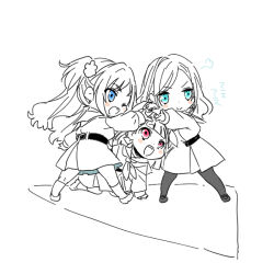  &gt;:) 3girls :&gt; :d ;d all_fours black_pantyhose black_shoes blue_eyes ceras_yanagida_lilienfeld commentary_request dress flower hair_flower hair_ornament hasu_no_sora_school_uniform height_connection kachimachi_kosuzu legs_apart link!_like!_love_live! long_hair long_sleeves love_live! multiple_girls neckerchief one_eye_closed open_mouth osawa_rurino pantyhose pink_eyes pleated_dress puff_of_air sailor_collar sailor_dress school_uniform shinanoya_(satanicad) shoes simple_background smile spot_color standing swept_bangs teeth twintails upper_teeth_only v-shaped_eyebrows virtual_youtuber wavy_hair white_background winter_uniform 