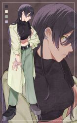  1girl 965ma_mogumogu absurdres bangle belt black_background black_hair black_shirt black_shoes bracelet breasts coat coat_partially_removed color_guide crop_top denim ear_piercing eyelashes green_coat green_pants hair_between_eyes hair_down hand_on_own_hip highres idolmaster idolmaster_shiny_colors jeans jewelry large_breasts long_hair looking_at_viewer multiple_rings official_alternate_costume open_clothes open_coat pants parted_lips piercing platform_heels ring shirase_sakuya shirt shoes short_sleeves silver_bangle single_off_shoulder teeth turtleneck yellow_eyes 