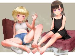  2girls barefoot blonde_hair brown_hair denim denim_shorts dress feet highres light_smile loli long_hair looking_at_viewer lumina_(artist) micro_shorts multiple_girls pink_eyes purple_eyes shoes shorts soles steam sundress toes twintails unworn_shoes uwabaki  rating:Sensitive score:74 user:ssfl