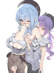  1futa 1girl absurdres ayeon black_hat black_pantyhose blue_eyes blue_hair blush bra bra_pull breasts clothes_pull detached_sleeves futa_with_female futanari glasses green_eyes hair_between_eyes hat highres hololive hoshimachi_suisei long_hair long_sleeves nipple_stimulation nipple_tweak one_eye_closed pantyhose penis precum purple_hair round_eyewear simple_background small_breasts small_penis testicles tokoyami_towa torn_clothes torn_pantyhose uncensored underwear virtual_youtuber white_background  rating:Explicit score:95 user:danbooru