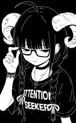  1girl adjusting_eyewear ahoge black_choker black_shirt bracelet braid choker closed_mouth collarbone cross cross_necklace earrings glasses hair_ribbon half-closed_eyes hand_on_eyewear highres horns jewelry long_hair monochrome necklace original puriririririri ribbon sheep_horns shirt solo t-shirt twin_braids upper_body very_long_hair wide_sleeves  rating:General score:12 user:danbooru
