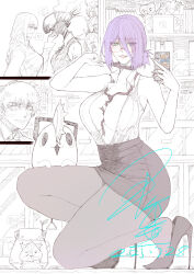  ! 1boy 5girls absurdres bare_shoulders between_breasts black_necktie black_pantyhose black_skirt blush braid braided_ponytail breasts chainsaw_man commentary_request dated denji_(chainsaw_man) glasses green_eyes greyscale grin heart higashiyama_kobeni high_heels highres himeno_(chainsaw_man) holding holding_phone horns jun_wu_mo korok large_breasts link long_hair makima_(chainsaw_man) monochrome multiple_girls necktie nintendo nintendo_switch open_clothes open_mouth open_shirt pantyhose phone pochita_(chainsaw_man) ponytail power_(chainsaw_man) purple_hair red-framed_eyewear reze_(chainsaw_man) sharp_teeth shirt short_hair signature skirt sleeveless sleeveless_shirt smile spoken_heart spot_color surprised sweat teeth the_legend_of_zelda the_legend_of_zelda:_breath_of_the_wild 