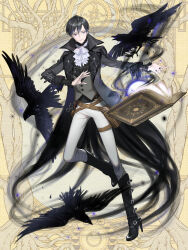  1boy ascot aura belt_boots belt_pouch bird black_boots black_coat black_hair black_nails black_shirt book boots center_frills closed_mouth coat crow dairoku_ryouhei dark_aura facing_viewer feather_trim floating floating_book floating_object frilled_shirt_collar frilled_sleeves frills full_body grey_vest hair_between_eyes high_heel_boots high_heels highres infospikee knee_boots lapels long_sleeves looking_at_object lower_eyelashes_only male_focus nail_polish open_book open_clothes open_coat pants pouch scissors shirt short_hair sideways_glance sleeve_garter smile solo standing standing_on_one_leg sweater_guard thigh_strap ukai_akira vest white_ascot white_pants yellow_background 