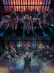  1boy 6+girls absurdres animal_slippers arm_up bandages black_hair blonde_hair blue_hair brown_hair corpse crossed_legs flower grey_hair hair_flower hair_ornament highres hoshikawa_lily iron_bars jacket jacket_on_shoulders konno_junko koyomania minamoto_sakura mizuno_ai multiple_girls nikaidou_saki red_hair scar scar_on_face sitting slippers smile tatsumi_koutarou twitter_username yamada_tae yuugiri_(zombie_land_saga) zombie zombie_land_saga 