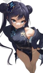  1girl absurdres bare_hips bare_legs bare_shoulders black_gloves black_hair blue_archive butterfly_hair_ornament ch1ckpyo china_dress chinese_clothes double_bun dress gloves grey_eyes grey_halo hair_bun hair_ornament halo highres kisaki_(blue_archive) loli long_hair looking_at_viewer off_shoulder solo thighs very_long_hair 