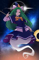  blue_vest bow capelet eclipse ghost ghost_tail green_eyes green_hair grin hat highres lens_flare long_hair long_sleeves mima_(touhou) non-circular_lens_flare ribbon shirt skirt smile space spottylen staff star_(sky) sun sun_symbol touhou touhou_(pc-98) vest white_bow white_ribbon white_shirt wizard_hat yellow_bow yellow_ribbon 