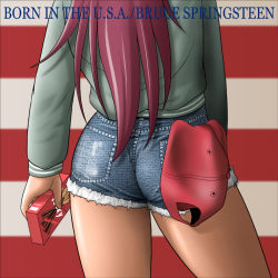  1girl album_cover album_cover_redraw ass ass_focus born_in_the_u.s.a. bruce_springsteen close-up cover derivative_work english_text female_focus food from_behind long_hair mahou_shoujo_madoka_magica mahou_shoujo_madoka_magica_(anime) maroon_hair parody pocky sakura_kyoko shingyouji_tatsuya shiny_skin short_shorts shorts solo thighs  rating:Sensitive score:52 user:danbooru