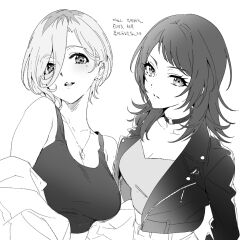  2girls bang_dream! bang_dream!_it&#039;s_mygo!!!!! breasts choker cleavage closed_mouth crossover ear_piercing genre_connection girls_band_cry greyscale jacket jewelry korean_text large_breasts medium_breasts medium_hair mole mole_under_eye monochrome multicolored_hair multiple_girls necklace off_shoulder open_clothes open_jacket open_mouth piercing roots_(hair) rupa_(girls_band_cry) short_hair teeth translation_request upper_body upper_teeth_only yahata_umiri zn242878163 