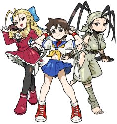  3girls absurdres ankle_wrap antenna_hair bandages bandana blonde_hair blue_sailor_collar blue_skirt bow breasts brown_eyes brown_hair converse gloves hair_pulled_back headband highres hip_vent ibuki_(street_fighter) kanzuki_karin kasugano_sakura kunai long_hair mask midriff mouth_mask multiple_girls ninja ninja_mask pantyhose ponytail red_shoes red_skirt sach56000 sailor_collar school_uniform serafuku shoes short_hair skirt street_fighter street_fighter_iii_(series) street_fighter_v street_fighter_zero_(series) weapon 