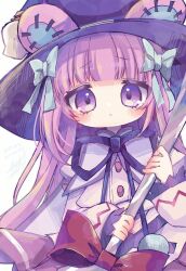  bear_girl child dress dumpty_alma emil_chronicle_online fork green_ribbon hair_ribbon hat highres holding holding_fork long_hair looking_at_viewer purple_dress purple_eyes purple_hair purple_ribbon puzzle_&amp;_dragons red_ribbon ribbon satsuki_atan upper_body witch_hat 