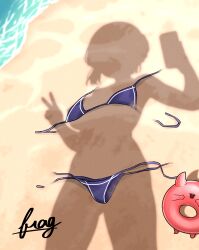  1girl absurdres artist_name bikini blue_bikini breasts cellphone dressed_shadow_(meme) furaggu_(frag_0416) highres holding holding_phone kantai_collection large_breasts meme myoukou_(kancolle) phone sand shadow smartphone solo standing swimsuit untied_bikini_bottom untied_bikini_top water watermark 