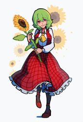  1girl ascot breasts collared_shirt flower frilled_skirt frills full_body green_hair hair_between_eyes high_heels highres iganashi1 kazami_yuuka large_breasts long_skirt long_sleeves looking_at_viewer open_clothes open_vest pantyhose plaid_clothes plaid_skirt plaid_vest red_eyes red_shoes red_skirt red_vest shirt shoes short_hair simple_background skirt skirt_set smile solo standing sunflower touhou vest walking wavy_hair white_background white_shirt yellow_ascot 