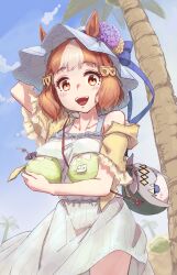  1girl animal_ears bag belno_light_(umamusume) blue_dress blue_hat blue_sky bob_cut bow brown_eyes brown_hair casual character_print chinese_commentary clothes_lift commentary_request cowboy_shot day dress dress_lift ear_ribbon ears_through_headwear food fruit hair_ornament hand_on_headwear handbag hat highres holding holding_food holding_fruit letter_hair_ornament looking_at_viewer melon multicolored_hair off_shoulder oguri_cap_(umamusume) open_mouth outdoors palm_tree shirt short_dress short_hair sky smile solo standing sun_hat sundress tree treeeeman two-tone_hair umamusume umamusume:_cinderella_gray white_hair wind wind_lift yellow_shirt 