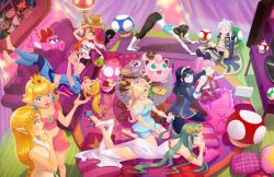  3boys 6+girls alternate_costume animal_crossing asymmetrical_hair birdo blonde_hair blue_eyes blue_hair blush breasts captain_falcon carpet closed_eyes controller cookie couch crossover crown curtains dumbbell earrings earthbound_(series) f-zero feet fire_emblem food game_console game_controller gen_1_pokemon green_hair helmet inkling_girl inkling_player_character jewelry jigglypuff kid_icarus kiravera8 kneeling lips lucina_(fire_emblem) luigi mario_(series) medium_breasts metroid multiple_boys multiple_girls nintendo one_eye_closed open_mouth orange_hair pajamas pillow pink_hair pointy_ears pokemon princess_zelda rosalina samus_aran shorts single_thighhigh sleepover smile soles splatoon_(series) stretching super_smash_bros. television the_legend_of_zelda thighhighs toadette video_game villager_(animal_crossing) wii wii_fit wii_fit_trainer wii_remote window 