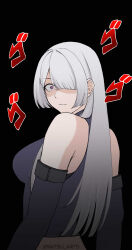  1girl absurdres ak-15_(girls&#039;_frontline) black_background crazy_eyes detached_sleeves girls&#039;_frontline grey_hair hair_over_one_eye highres long_hair looking_at_viewer matsu_arts purple_eyes simple_background solo twitter_username wide-eyed 