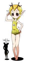  1girl antlers blonde_hair brown_eyes chidejika copyright_request creature deer_antlers deer_tail expressionless female_focus full_body hand_on_own_hip horns japan_commercial_broadcasters_association looking_at_viewer one-piece_swimsuit pointy_ears school_swimsuit solo standing swimsuit tail usu_noro 