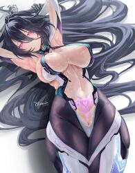  1girl absurdly_long_hair absurdres areola_slip artist_name azur_lane black_gloves black_hair bodysuit breasts covered_erect_nipples cowboy_shot eyes_visible_through_hair gloved_sleeves gloves glowing glowing_eyes glowing_tattoo hair_between_eyes heart heart_tattoo highres impossible_bodysuit impossible_clothes kansas_(azur_lane) large_breasts long_hair long_hair_between_eyes pink_eyes pubic_tattoo puffy_nipples see-through_bodysuit see-through_clothes silasscia45 solo tattoo two-tone_gloves very_long_hair white_gloves 
