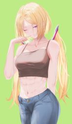 1girl abs aki_rosenthal blonde_hair bob_cut breasts collarbone commentary denim detached_hair english_commentary finger_to_mouth green_background hair_intakes highres hololive jeans looking_at_viewer low_twintails medium_breasts muscular muscular_female one_eye_closed pants parted_bangs purple_eyes robbilgigih simple_background tank_top tsurime twintails virtual_youtuber rating:Sensitive score:17 user:danbooru