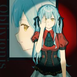  1girl absurdres ascot bang_dream! bang_dream!_it&#039;s_mygo!!!!! black_ascot black_corset black_ribbon blue_hair character_name commentary corset hair_ribbon hand_up highres hu_pi_xuan_jiao long_hair oblivionis_(bang_dream!) red_shirt ribbon shirt short_sleeves sidelocks solo togawa_sakiko yellow_eyes 
