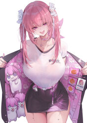 1girl absurdres black_skirt blush bow breasts choker collarbone cosplay dishwasher1910 doro_(nikke) dorothy_(nikke) fingernails goddess_of_victory:_nikke hair_between_eyes hair_bow hair_ribbon heart heart_choker heart_collar highres huge_breasts jacket jewelry long_hair looking_at_viewer nail_polish open_mouth pink_choker pink_eyes pink_hair pink_jacket pink_nails ribbon shirt short_sleeves simple_background skirt smile solo sora_(nikke) sora_(nikke)_(cosplay) sweat teeth thighs twintails upper_teeth_only white_background white_bow white_ribbon white_shirt 