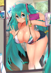 1girl ^_^ ahoge alternate_breast_size aqua_hair arched_back bare_shoulders bed bent_over bikini blue_eyes blurry breasts cellphone character_name charm_(object) cleavage closed_eyes closed_umbrella collarbone copyright_name covered_erect_nipples cutoffs denim denim_shorts depth_of_field earrings english_text eyebrows female_focus hair_between_eyes halterneck hanging_breasts hatsune_miku head_tilt holding holding_phone hoop_earrings huge_breasts indoors jewelry leaning_forward long_hair looking_at_viewer magister mirror mirror_selfie parted_lips phone photo_(object) puffy_nipples selfie shiny_skin short_shorts shorts smartphone smile solo standing star_(symbol) sticky_note swimsuit tattoo thighs tongue tongue_out twintails umbrella unbuttoned v very_long_hair vocaloid window windowsill rating:Questionable score:164 user:danbooru