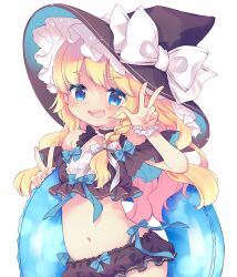  1girl :d aogiri_sei bare_shoulders bikini black_bikini black_choker black_hat blonde_hair blue_bow blue_eyes blue_innertube bow bow_bikini braid breasts choker commentary cowboy_shot fang frilled_choker frills hair_bow hat holding holding_swim_ring innertube kirisame_marisa long_hair looking_at_viewer navel open_mouth side_braid simple_background single_braid small_breasts smile solo stomach swim_ring swimsuit symbol-only_commentary teeth touhou upper_teeth_only v w white_background white_bow witch_hat wrist_cuffs 